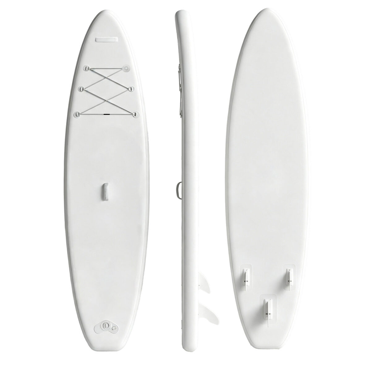 An unbranded white paddle board shown from three angles: deck, side profile and hull.